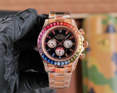 Rolex Daytona 43mm 4130 Movement Rainbow Diamond Markers/Bezel Black Face Watch